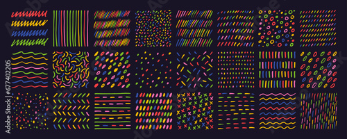 Multi colored various doodle patterns and texture with thin charcoal lines, dots, and curves.