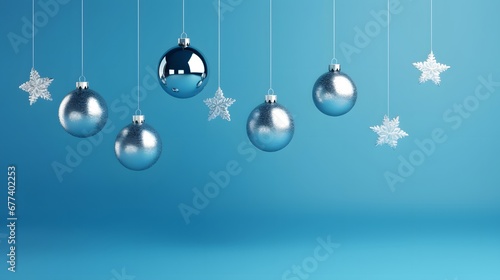 Silver and blue christmas ornaments on dark blue background. Merry christmas card. Winter holidays. Xmas theme. Space for text.
