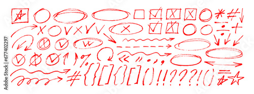 Hand drawn various arrows, ellipses, punctuation marks, direction pointers.