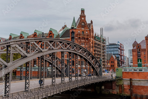 Hamburg, Germany - 25. October 2023 - Brooks Bridge at the Speicherstadt in Hamburg.