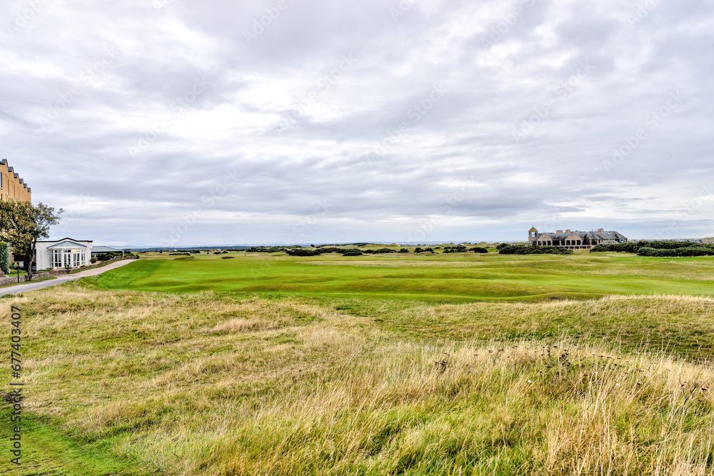 St Andrews, Scotland - September 22, 2023: Early morning views of the Old Course in St Andrews Scotland
