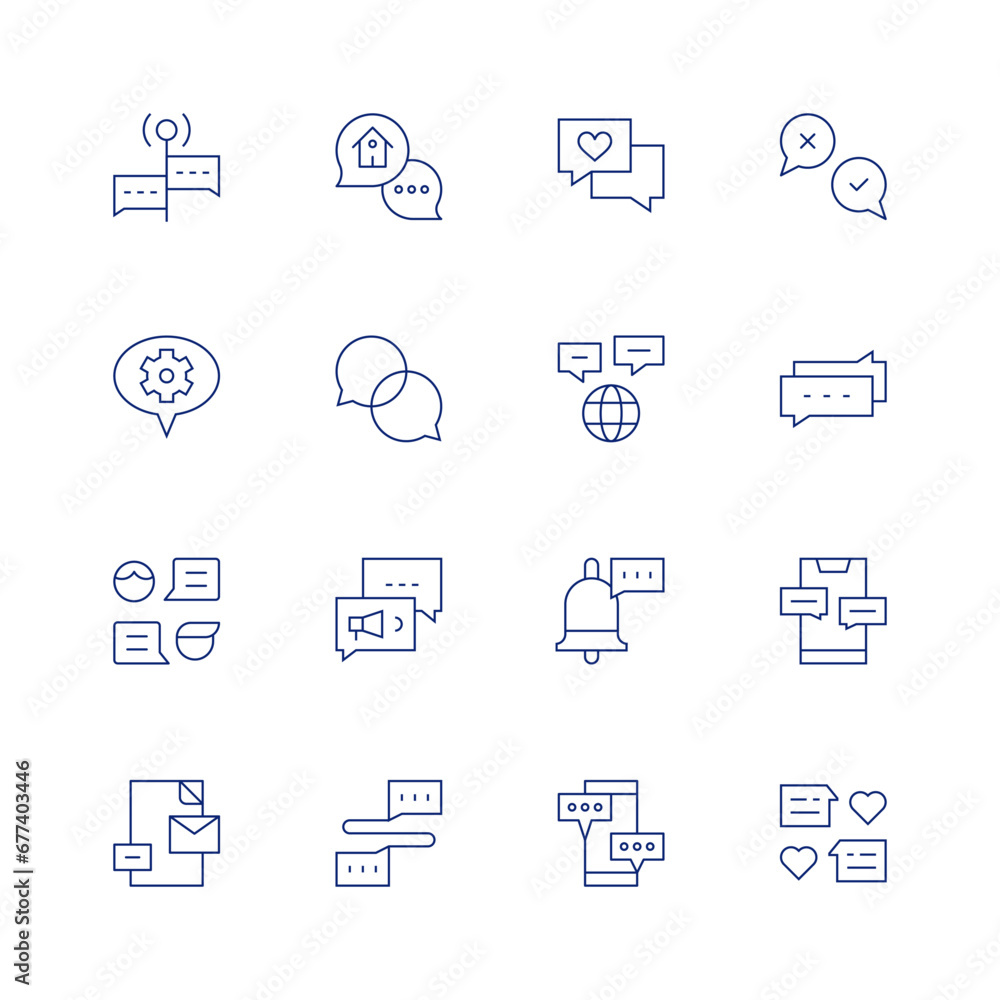 Messaging line icon set on transparent background with editable stroke. Containing live chat, settings, chat box, branding, chat, love, speech bubbles, megaphone, notification, opinions, comment.