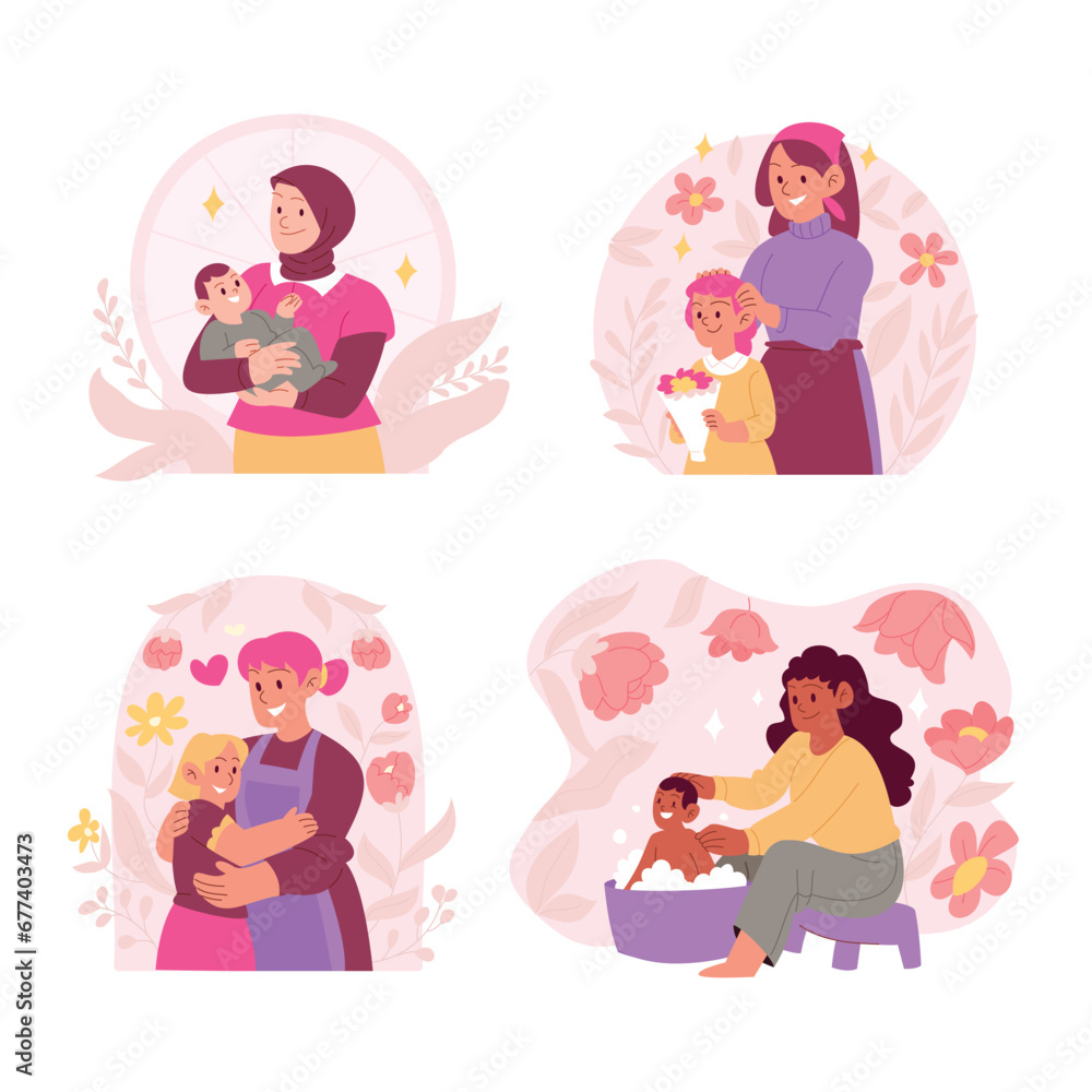 Set of Happy Mothers Day. Collection of spring label. Vector illustration with woman and her child. Beautiful template. Can be used for banner, poster, card, postcard and printable.