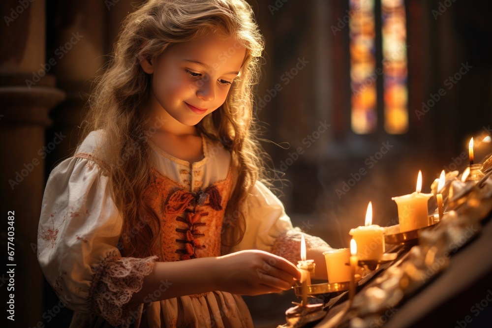 Little girl holding candles in front of a stained glass window Little girl holding candles in front of a stained glass window