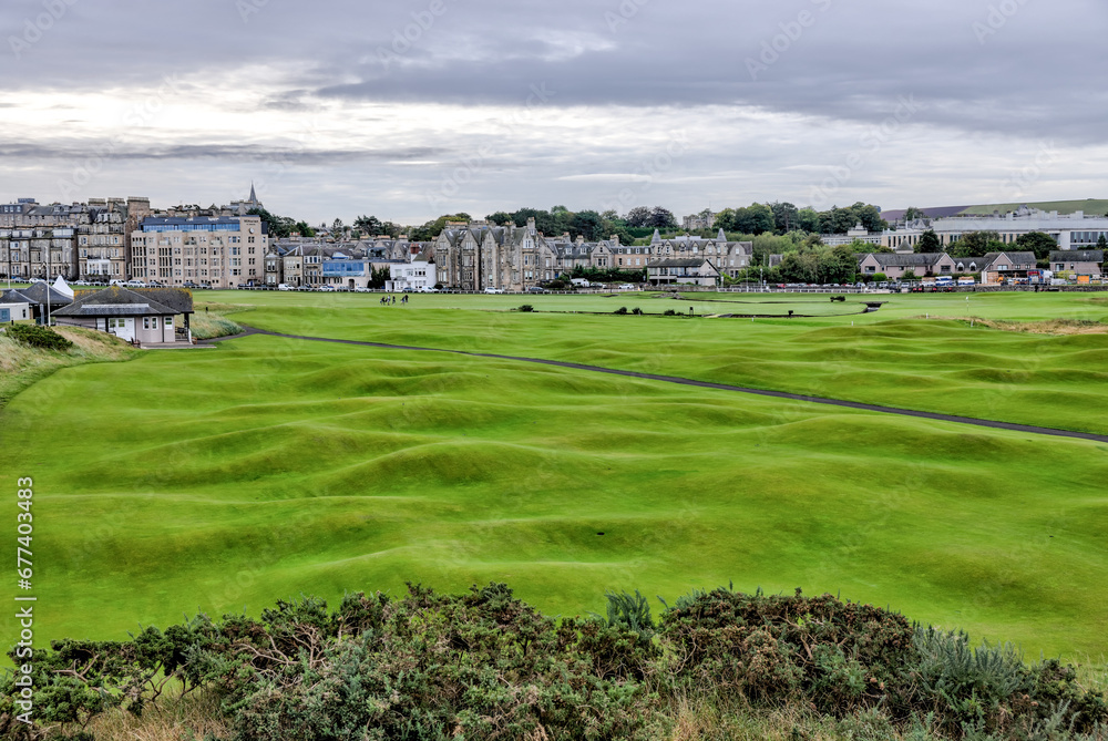 St Andrews, Scotland - September 22, 2023: Early morning views of the Old Course in St Andrews Scotland
