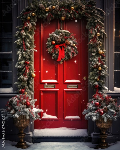 Christmas wreath with decor on a wooden front door