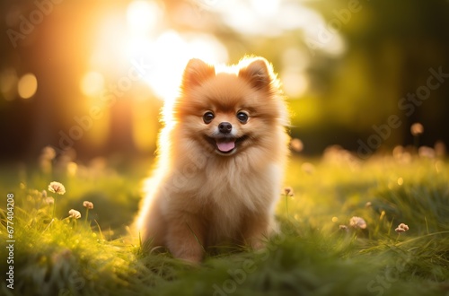 a cute smiling pomeranian dog  on the grass in the park © Lin_Studio
