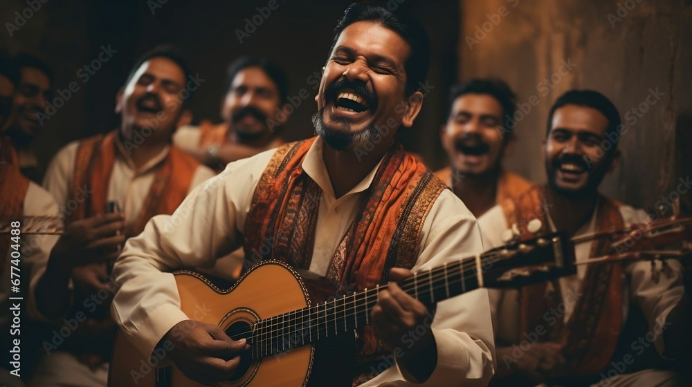 Fototapeta premium A folk band performing, lifting spirits in song 