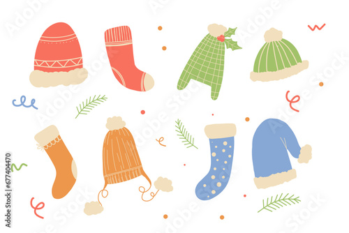 Set of winter or autumn hats flat design vector.