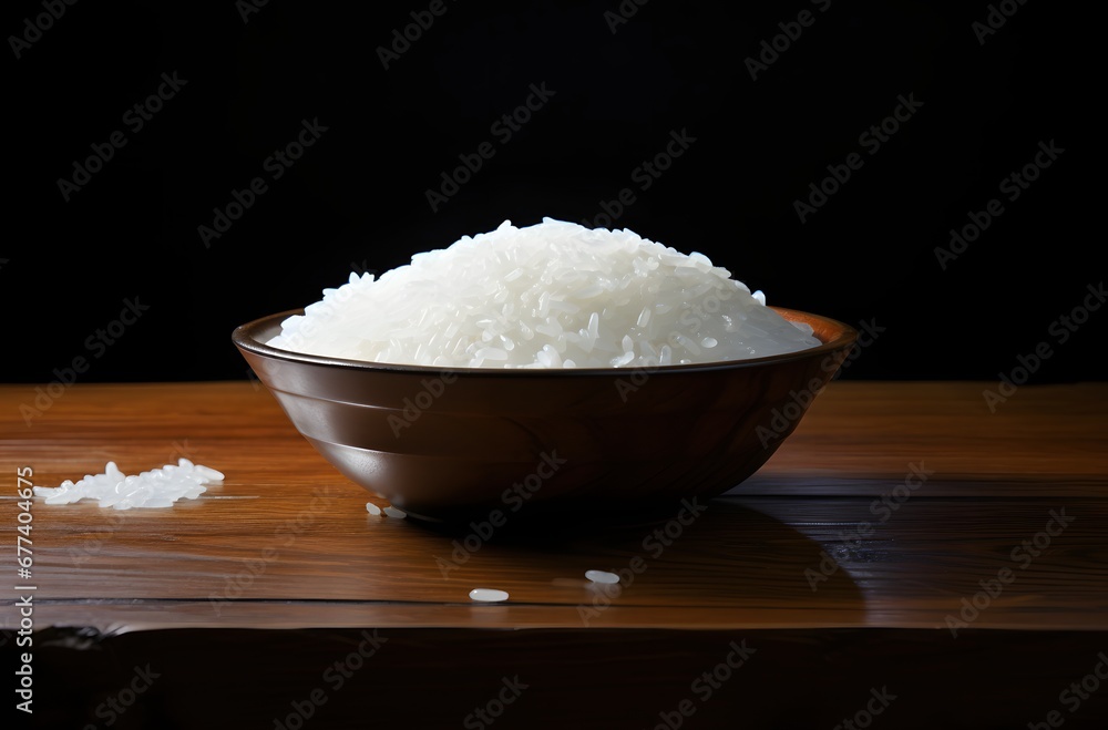 bowl of rice on a wooden table on black background bowl of rice on a wooden table on black background