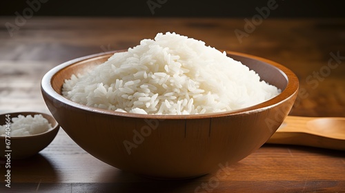  two bowls of rice on a wooden table on black background