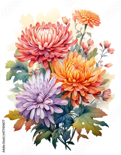 watercolor illustration of bouquet of chrysanthemums