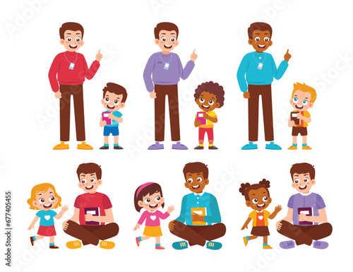 Set of Kid and Teacher Collection. Teacher with student sitting, telling a story, talking  and hugging. Diversity Family Parenthood. vector illustration