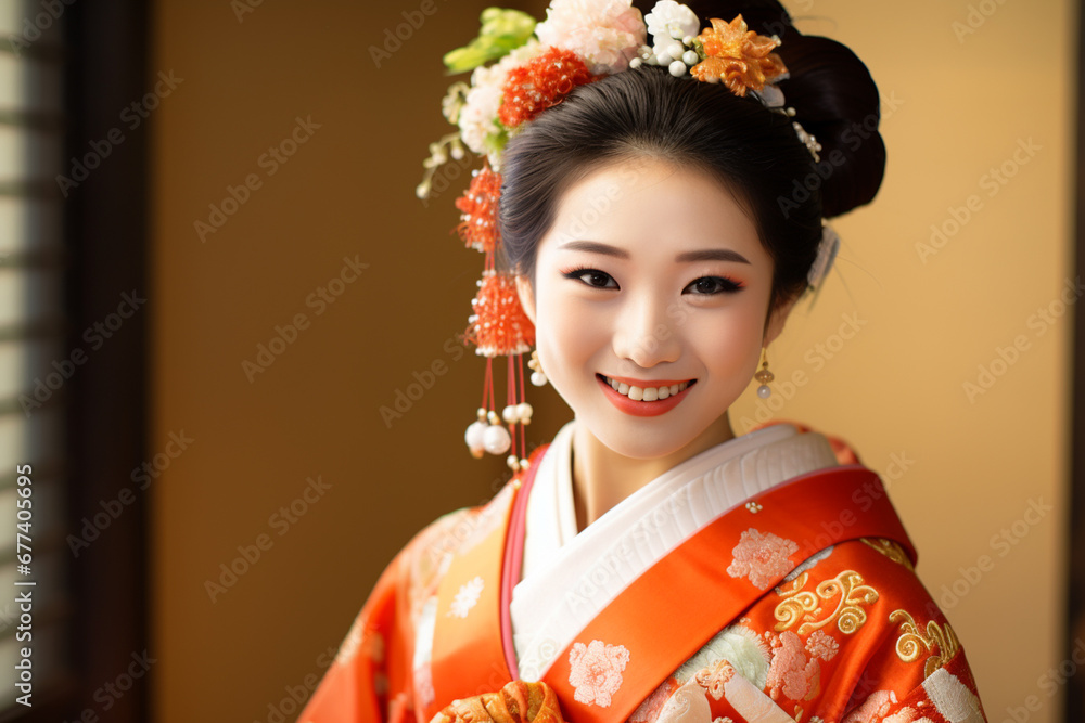 beautiful japanese nationality female smiling and wearing kimono portraits bokeh style background beautiful japanese nationality female smiling and wearing kimono portraits bokeh style background
