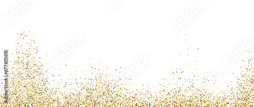 Golden glitter background. Sparkling small confetti wallpaper. Splashed gold dots texture. Border frame design. Christmas, New year, birthday decoration for posters, banner, flyer, cards. Vector
