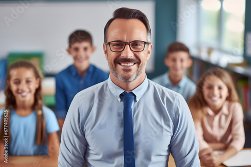 Male portrait of young teacher in class looking at camera with students in the background, back to school.