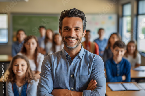 Male portrait of young teacher in class looking at camera with students in the background, back to school.