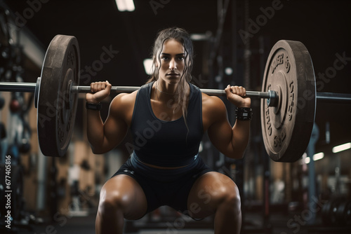 Bodybuilder Woman Lifting Weights, A Muscular Athlete Engaged in Intense Weightlifting Training for Enhanced Strength and Endurance photo
