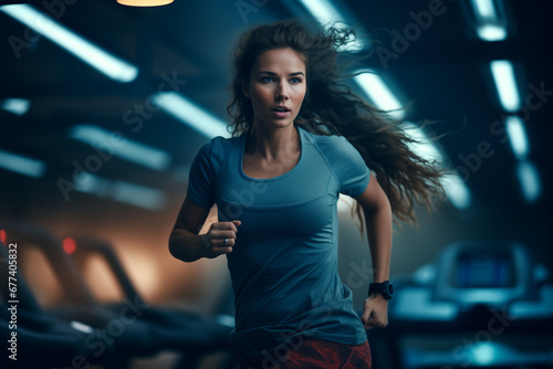 Cardio Fitness Woman Running in the Gym, A Committed Gym-goer Demonstrating Vigorous Cardio Training and Stamina