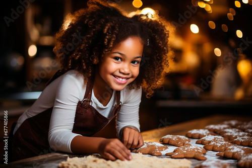 Black girl prepares cookies at Christmas
