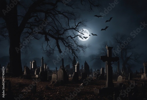 Graveyard cemetery to castle In Spooky scary dark Night full moon and bats on dead tree Holiday
