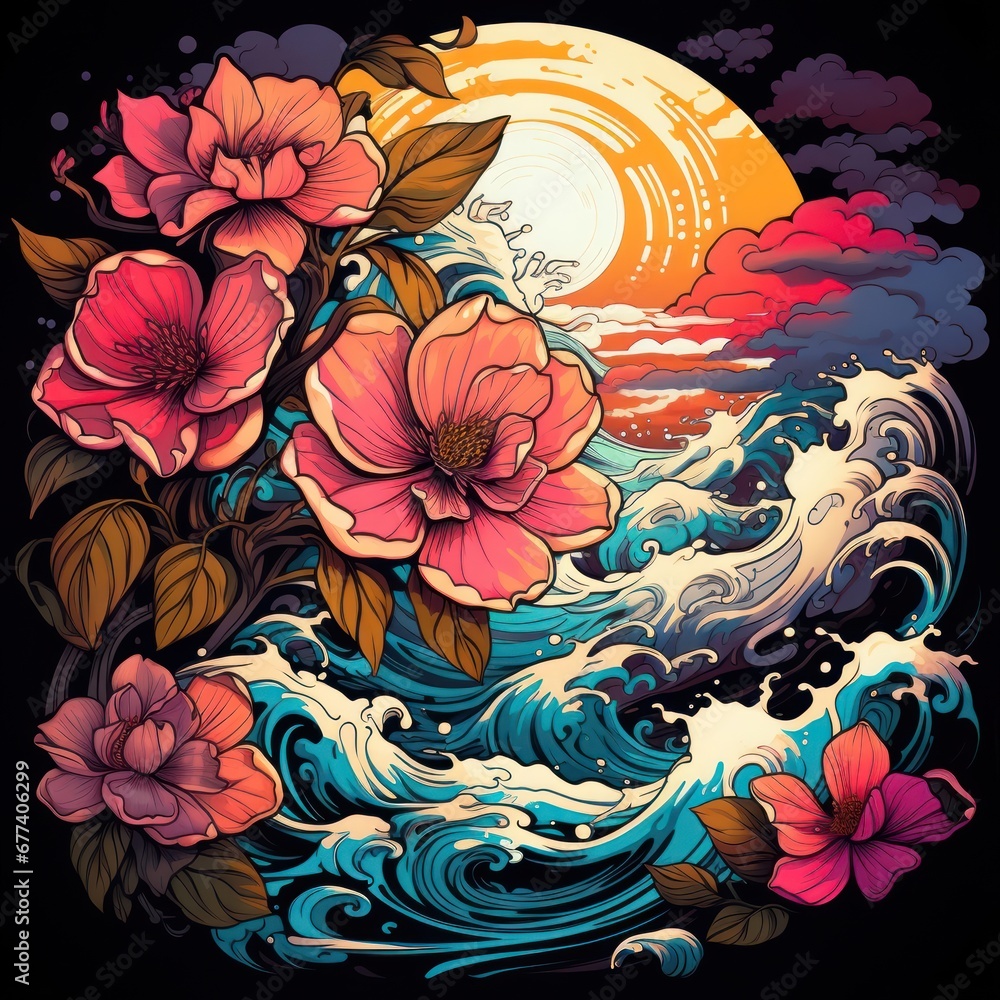 A retro psychedelic Camellia surrounded by swirling psychedelic waves sea A retro psychedelic Camellia surrounded by swirling psychedelic waves sea