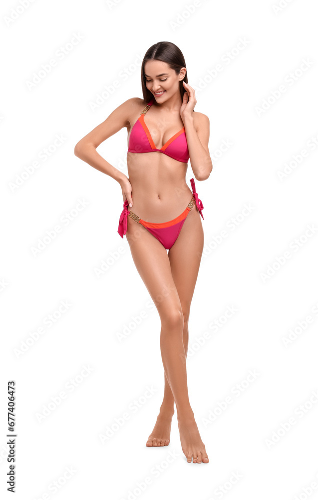 Young woman in stylish bikini isolated on white Young woman in stylish bikini isolated on white