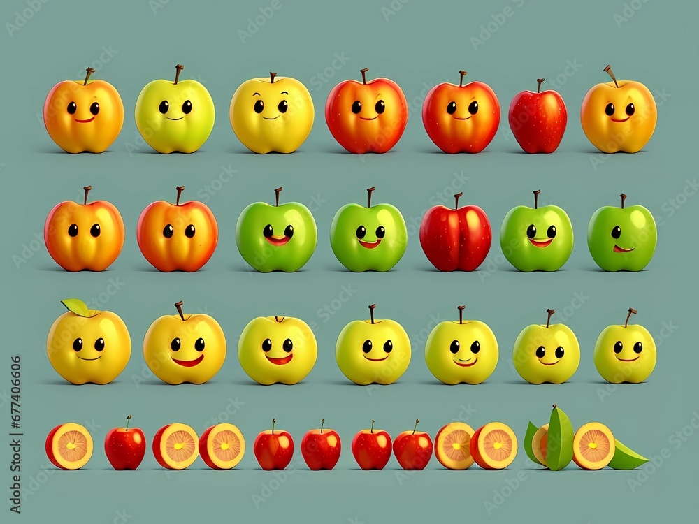 3D Animation Style Cute character apple collection 3D Animation Style Cute character apple collection