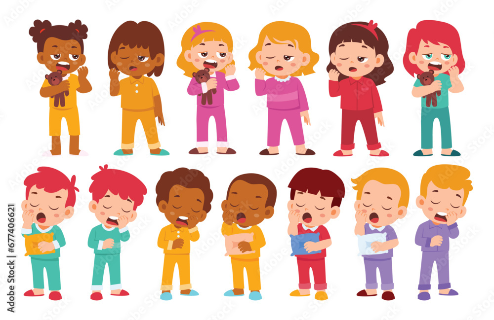 Set of Children feel sleepy and want to sleep Collection. pajamas yawn and ready to rest and sleep in bedtime, Diversity Family Parenthood Kindergarten. vector illustration Set of Children feel sleepy and want to sleep Collection. pajamas yawn and ready to rest and sleep in bedtime, Diversity Family Parenthood Kindergarten. vector illustration
