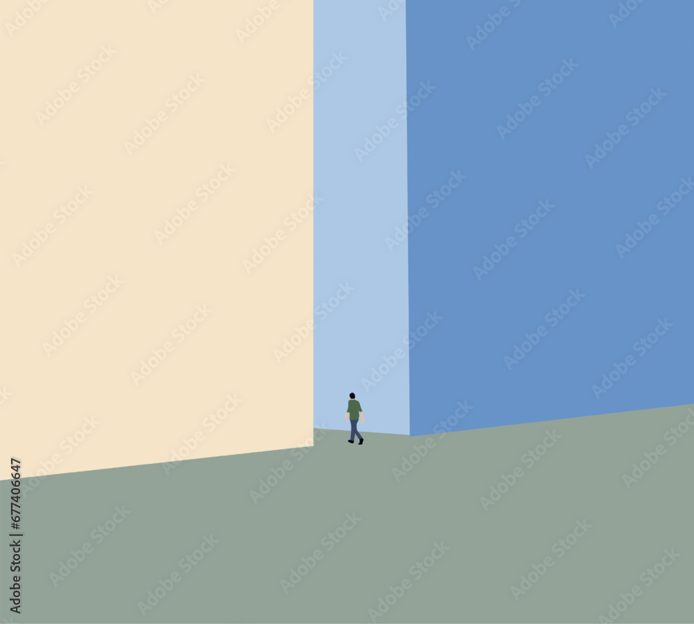 Man walking on street allay between building in modern city. Lifestyle of urban People. Minimal design. Man walking on street allay between building in modern city. Lifestyle of urban People. Minimal design.