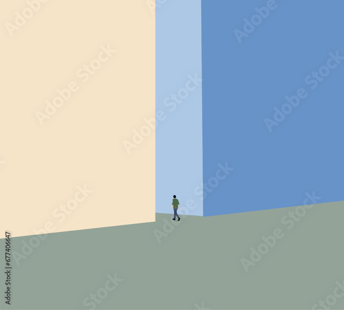 Man walking on street allay between building in modern city.  Lifestyle of urban People. Minimal design.