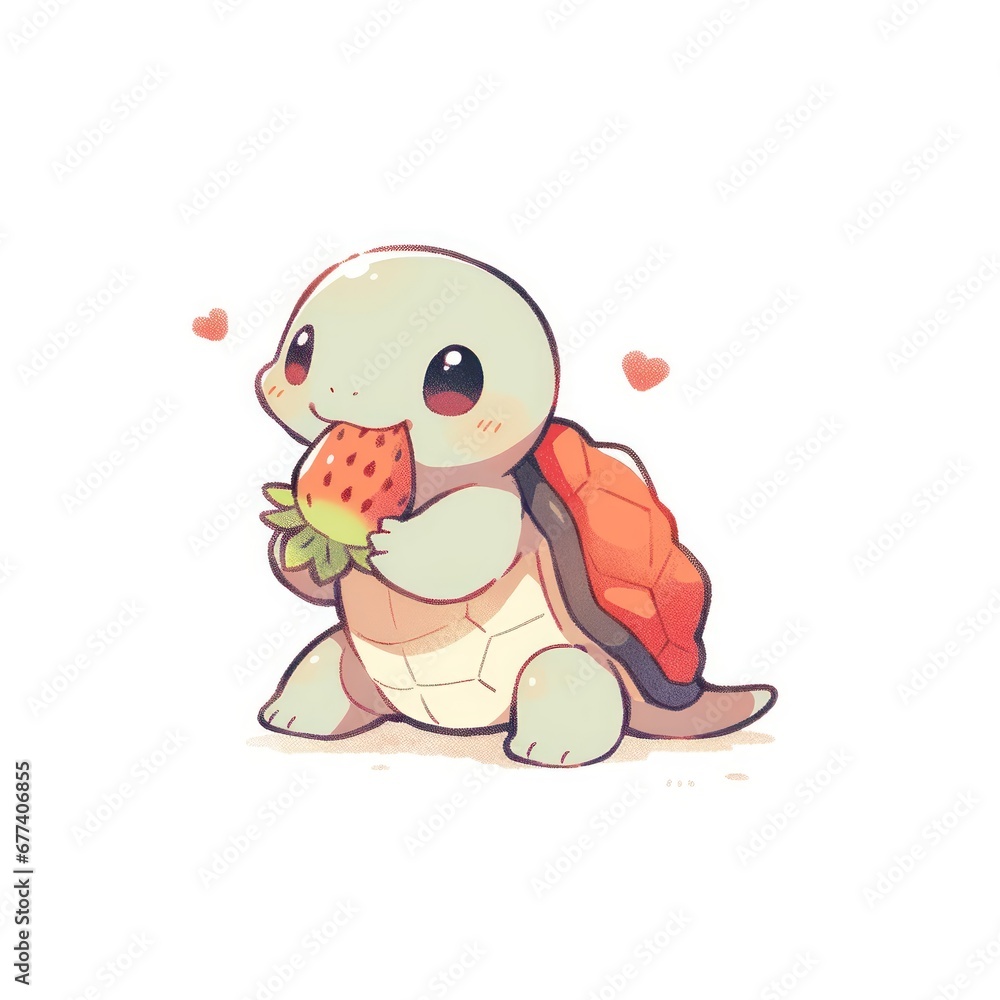 turtle eat strawberry chibi cartoon style isolated plain background turtle eat strawberry chibi cartoon style isolated plain background