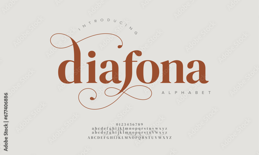 Diafona premium luxury elegant alphabet letters and numbers. Elegant wedding typography classic serif font decorative vintage retro. Creative vector illustration