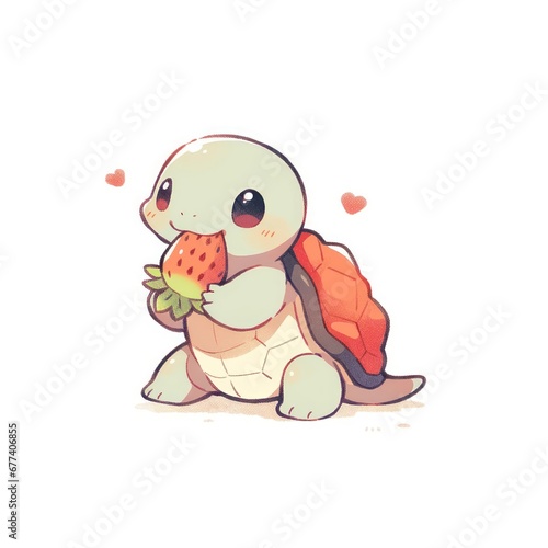 turtle eat strawberry chibi cartoon style isolated plain background