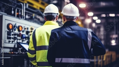 Engineers and factory managers wearing safety helmet inspect the machines in the production. inspector opened the machine to test the system to meet the standard. machine, maintenance © pinkrabbit