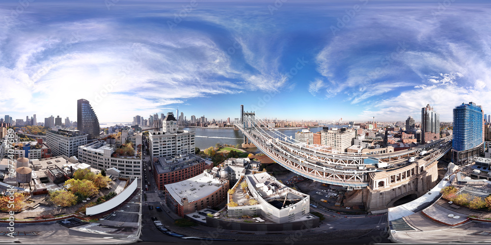 Aerial 360 panorama equirectangular photo of Brooklyn New York with view of river and NYC