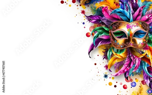 Happy Mardi Gras poster, copy space. Venetian masquerade sequin mask with feathers for carnivals isolated on white background. Costume party outfit. Paper mache style face covering. AI Generative