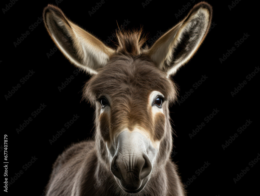 Donkey Studio Shot Isolated on Clear Black Background, Generative AI Donkey Studio Shot Isolated on Clear Black Background, Generative AI