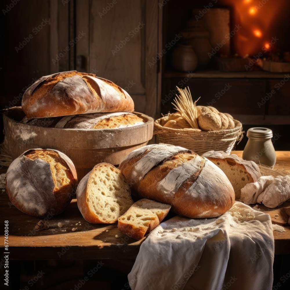 A captivating display of freshly baked bread, with crusty exteriors and soft, pillowy interiors, cinematic food photography