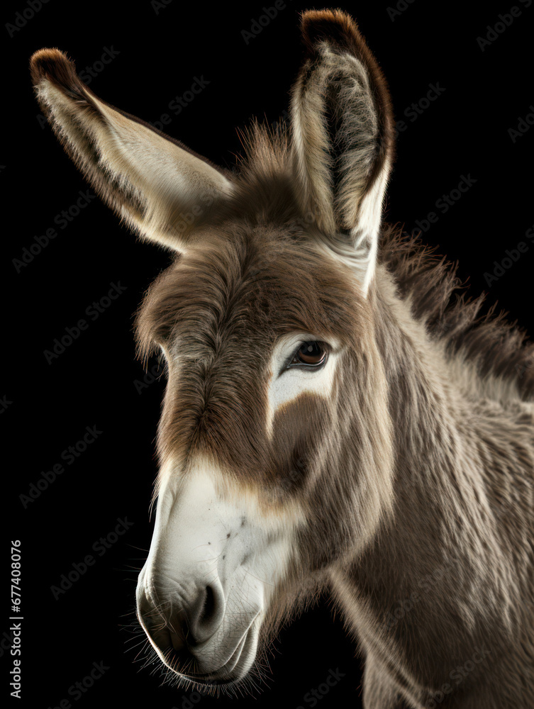 Donkey Studio Shot Isolated on Clear Black Background, Generative AI Donkey Studio Shot Isolated on Clear Black Background, Generative AI