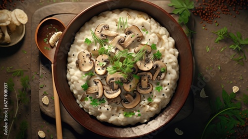 A bowl of creamy and aromatic mushroom risotto, captured in a luxurious overhead shot with a shaving of truffle