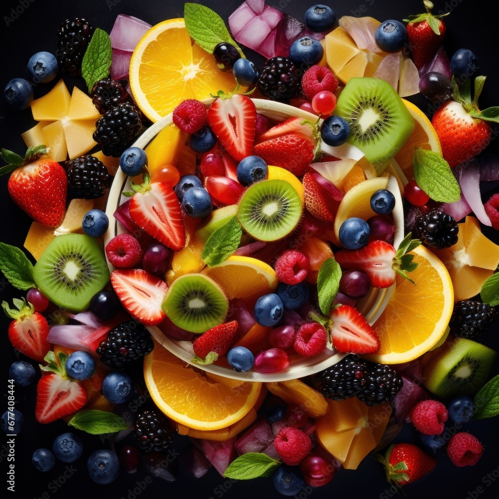 A visually captivating shot of a colorful fruit salad, featuring a variety of juicy fruits arranged in an artistic pattern, cinematic food photography A visually captivating shot of a colorful fruit salad, featuring a variety of juicy fruits arranged in an artistic pattern, cinematic food photography