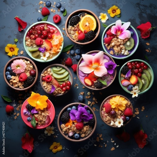 A visually appealing display of vibrant smoothie bowls, topped with an array of fresh fruits, granola, and edible flowers, cinematic food photography