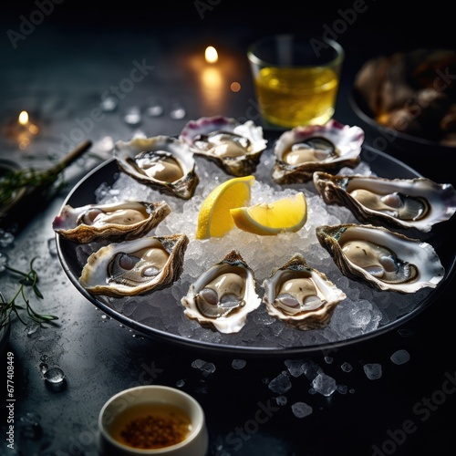 A visually stunning arrangement of freshly shucked oysters, served on a bed of crushed ice with lemon wedges and mignonette sauce, cinematic food photography