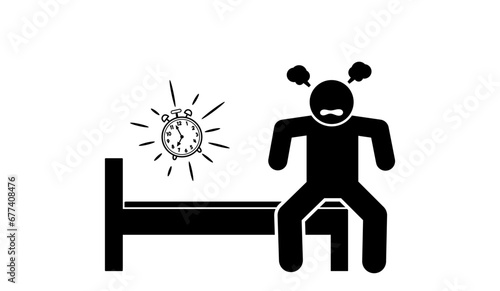 stick figure cartoon vector illustration frustrated, unhappy, unable to sleep due to insomnia