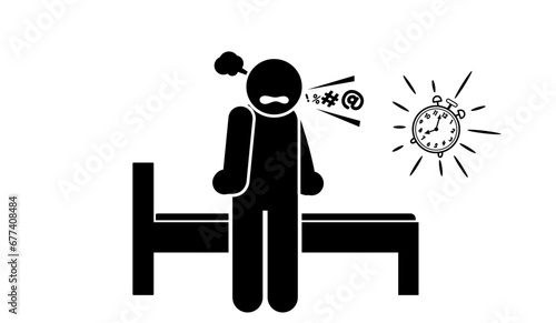 stick figure cartoon vector illustration frustrated, unhappy, unable to sleep due to insomnia