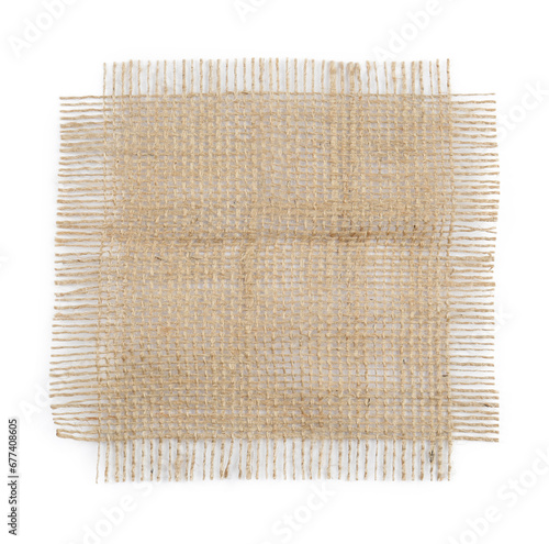 Piece of burlap fabric isolated on white, top view