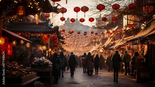 A vibrant marketplace filled with festive decorations 