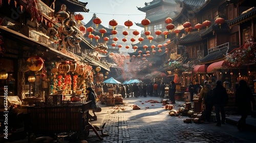 A vibrant marketplace filled with festive decorations 