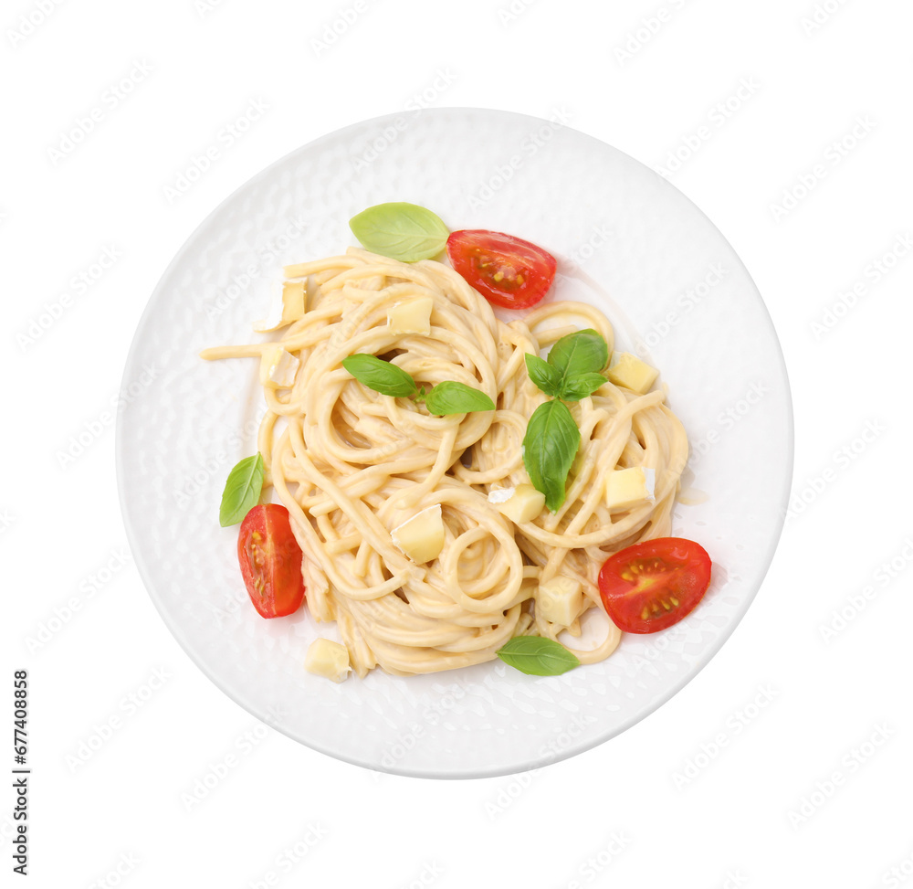Delicious pasta with brie cheese, tomatoes and basil leaves isolated on white, top view Delicious pasta with brie cheese, tomatoes and basil leaves isolated on white, top view